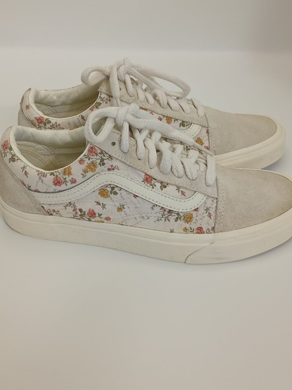 Vans Old Skool Vintage Floral Sneakers Women's Size 9 White Suede Canvas Shoes
